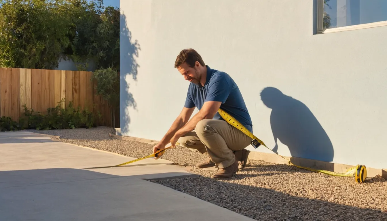 A homeowner measuring a patio area for new concrete in the Lakewood area