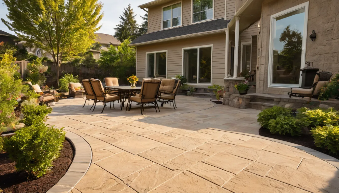 A stamped concrete patio behind a home in Lakewood on a sunny day